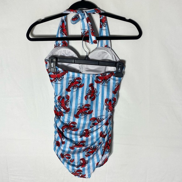 Sourpuss Blue White Striped Red Lobster Print One Piece Swimsuit Bathing Suit S - Picture 2 of 16